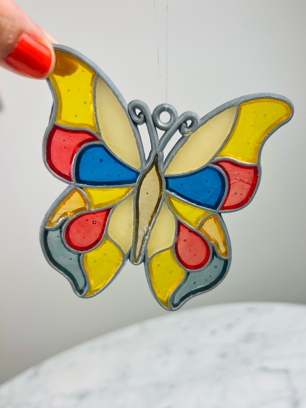 Vintage 60s Butterfly Suncatcher Wall Hanging – Colorful Red, Yellow & Blue